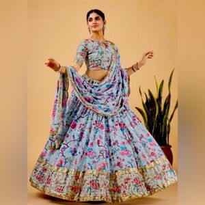 Floral printer georgette lehenga - dusty blue